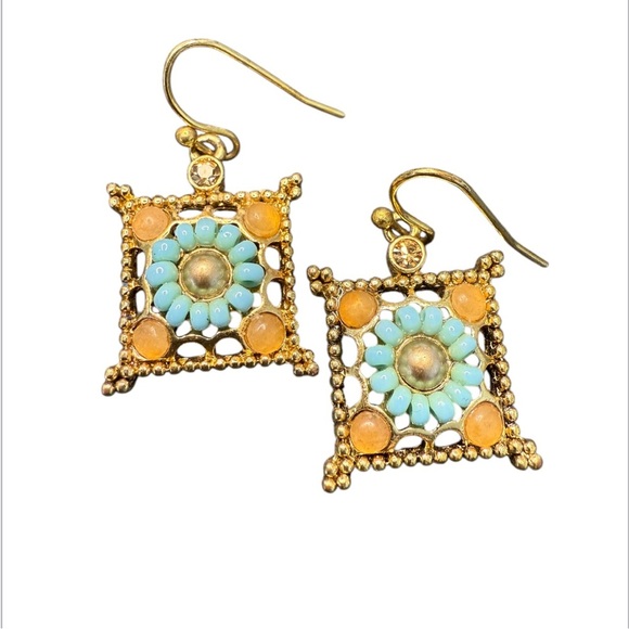 Vintage Carolee Square Gold Tone Turquoise Rhinestone Amber Beaded Earrings - Picture 3 of 9